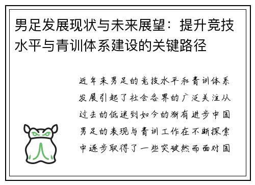 男足发展现状与未来展望：提升竞技水平与青训体系建设的关键路径